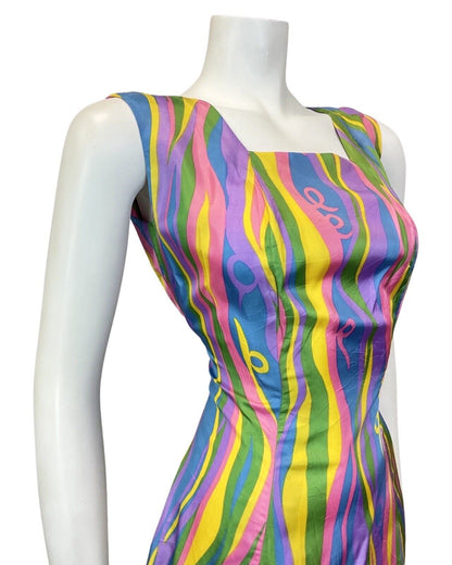 VINTAGE 60s 70s PURPLE BLUE YELLOW GREEN PSYCHEDELIC SLEEVELESS WIGGLE DRESS 10