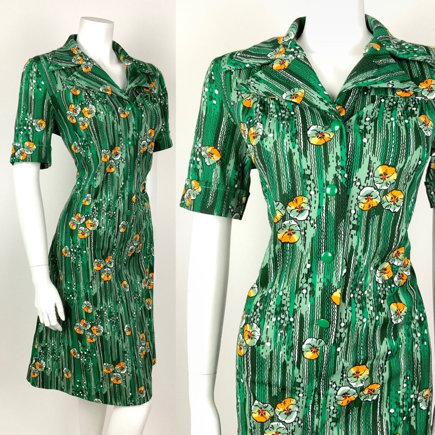 VINTAGE 60s 70s GREEN WHITE ORANGE STRIPED FLORAL DAGGER SHIRT DRESS 14 16