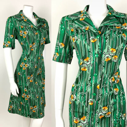 VINTAGE 60s 70s GREEN WHITE ORANGE STRIPED FLORAL DAGGER SHIRT DRESS 14 16