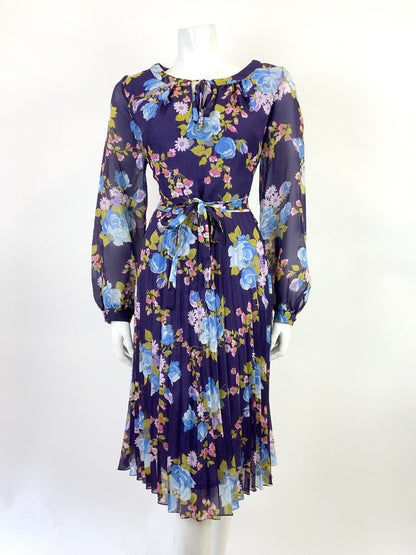 VINTAGE 60s 70s PURPLE BLUE PINK FLORAL ROSE PLEATED BOHO FOLK SHEER DRESS 12 14