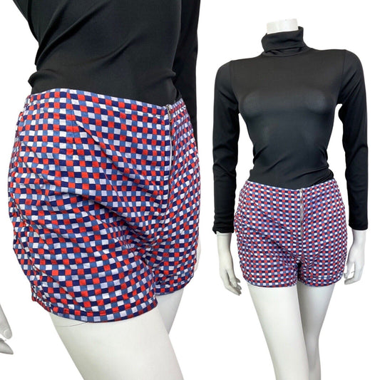 VINTAGE 60s 70s BLUE WHITE RED CHECKED ZIP-UP HIGHWAISTED MOD GOGO SHORTS 10