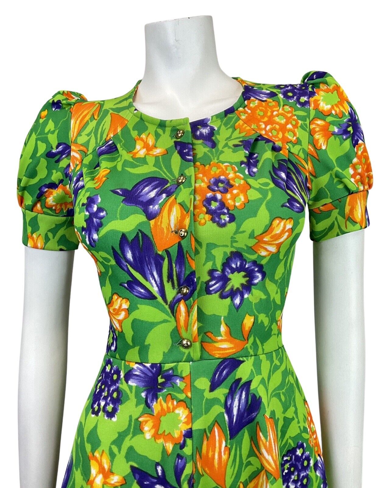 VINTAGE 60s 70s GREEN PURPLE ORANGE FLORAL LEAFY PUFF SLEEVE MOD SUMMER DRESS 8
