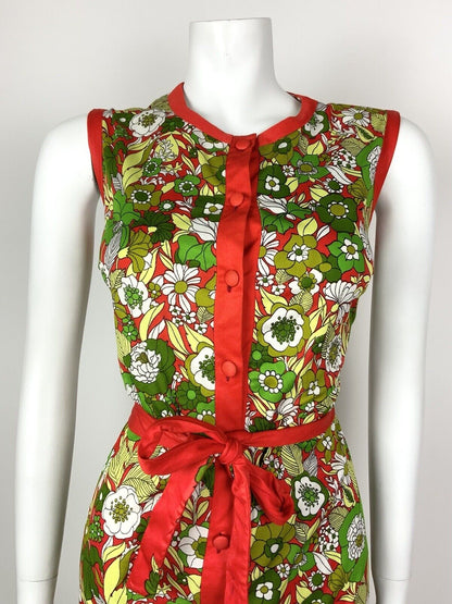 VTG 60s 70s GREEN RED WHITE PSYCHEDELIC FLORAL BELTED SLEEVELESS MOD DRESS 10 12