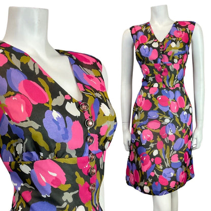 VINTAGE 60s 70s PURPLE PINK BLACK TULIP FLORAL SLEEVELESS MOD SHORT DRESS 10 12