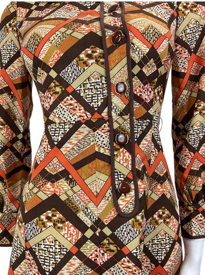 VINTAGE 60s 70s BROWN CREAM ORANGE GEOMETRIC PSYCHEDELIC MOD LONGSLEEVE DRESS 8