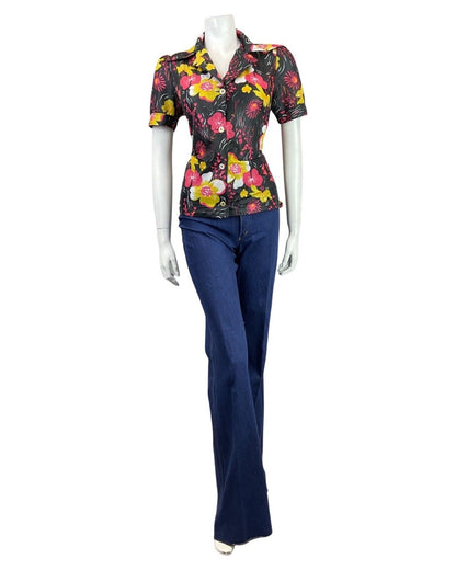 VINTAGE 60s 70s BLACK PINK YELLOW FLORAL MOD SHORT SLEEVE DAGGER SHIRT 10 12