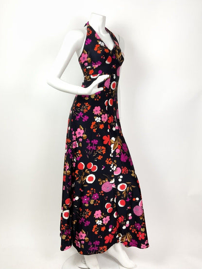 VTG 60s 70s PSYCHEDELIC BLUE RED PINK BROWN FLORAL HALTER MAXI SUMMER DRESS 8