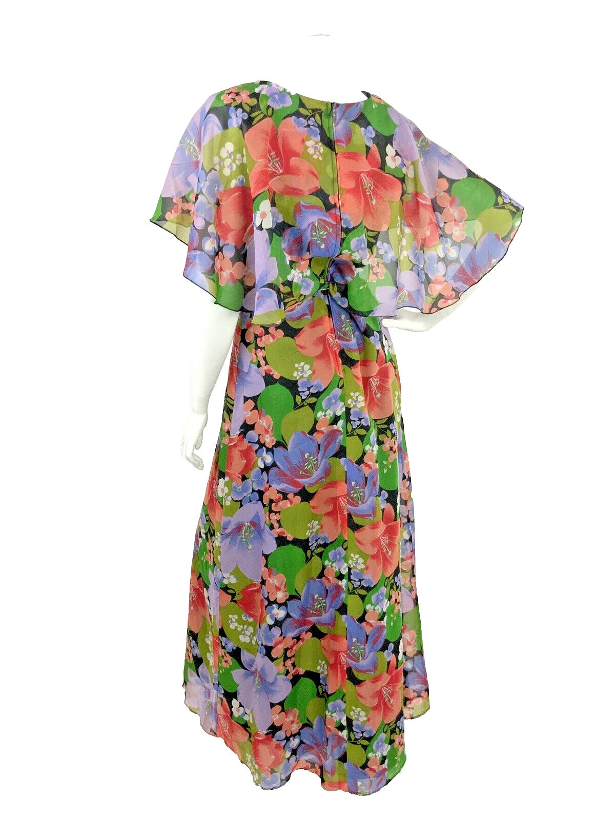 VINTAGE 60s 70s FLORAL MAXI SUMMER DRESS CAPE SLEEVE BLACK GREEN PURPLE PINK 10