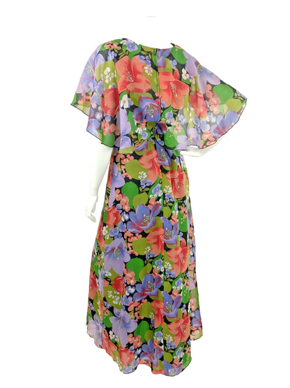 VINTAGE 60s 70s FLORAL MAXI SUMMER DRESS CAPE SLEEVE BLACK GREEN PURPLE PINK 10