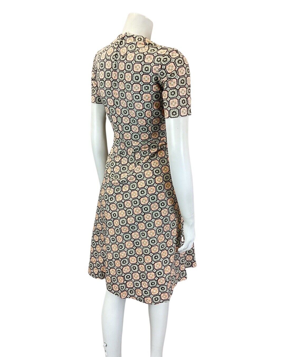 VINTAGE 60s 70s GREY PINK BLACK TILED GEOMETRIC DAISY FLOWER MOD SHORT DRESS 6 8