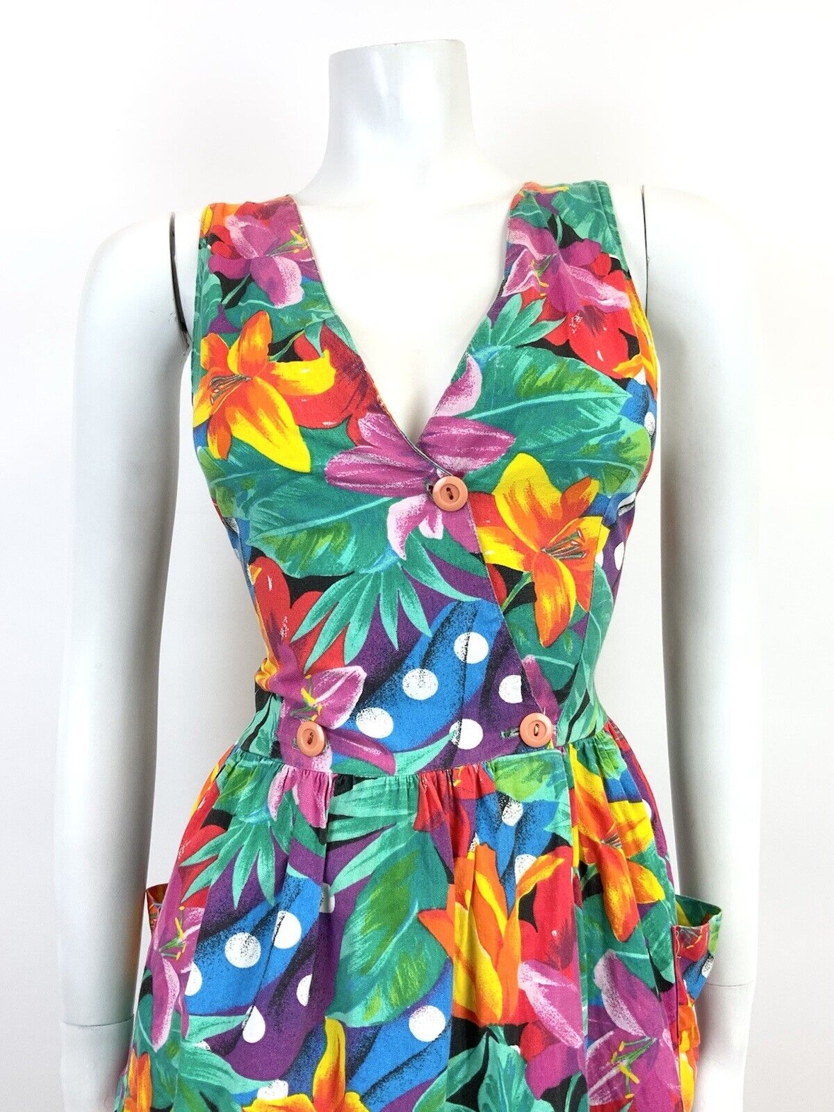VINTAGE 70s 80s GREEN PURPLE YELLOW FLORAL LILY JUNGLE WRAP DRESS 12
