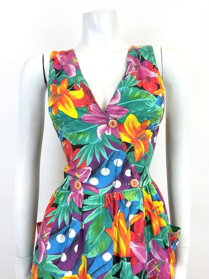 VINTAGE 70s 80s GREEN PURPLE YELLOW FLORAL LILY JUNGLE WRAP DRESS 12