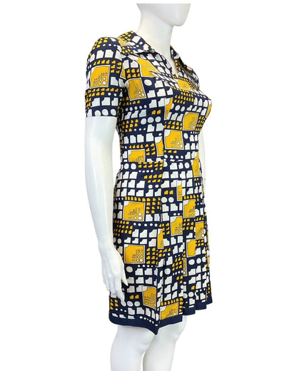 VINTAGE 60s 70s NAVY BLUE WHITE YELLOW GEOMETRIC MOD PLEATED DAGGER DRESS 16