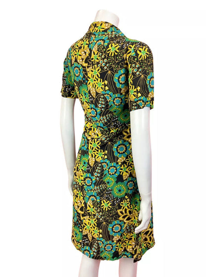 VINTAGE 60s 70s BLACK GREEN YELLOW PSYCHEDELIC FLORAL MANDALA SHIRT DRESS 10 12