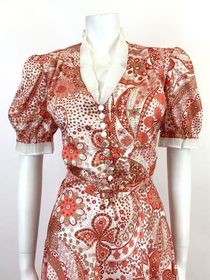 VTG 60s 70s RED WHITE ORANGE PSYCHEDELIC FLORAL DAISY RUFFLE SWING DRESS 14 16