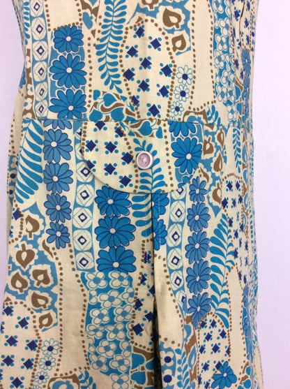 VINTAGE 60s 70s SHIFT DRESS ABSTRACT FLORAL PATCHWORK DITSY BLUE GOLD CREAM 14