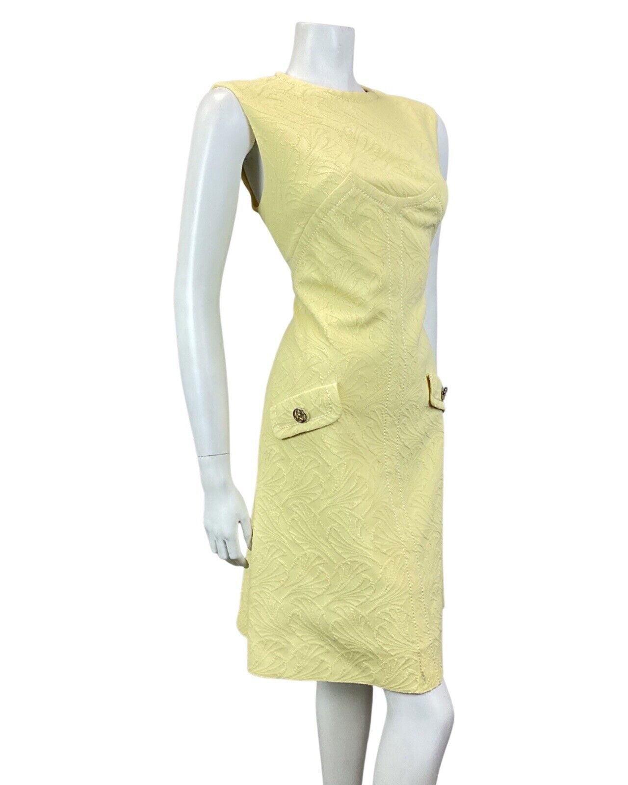 VINTAGE 60s 70s PALE YELLOW LEAFY SLEEVELESS MOD SCOOTER SHIFT DRESS 12 14