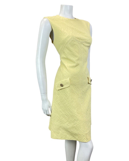 VINTAGE 60s 70s PALE YELLOW LEAFY SLEEVELESS MOD SCOOTER SHIFT DRESS 12 14