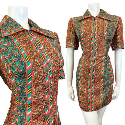 VINTAGE 60s 70s GREEN RED BLACK FLORAL DITSY STRIPED FOLK MOD SHIRT DRESS 12 14