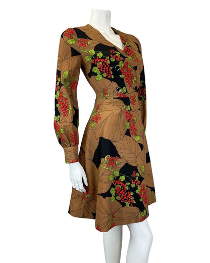 VINTAGE 60s 70s BROWN BLACK RED LEAFY BERRY MOD FIT & FLARE SHORT DRESS 6 8