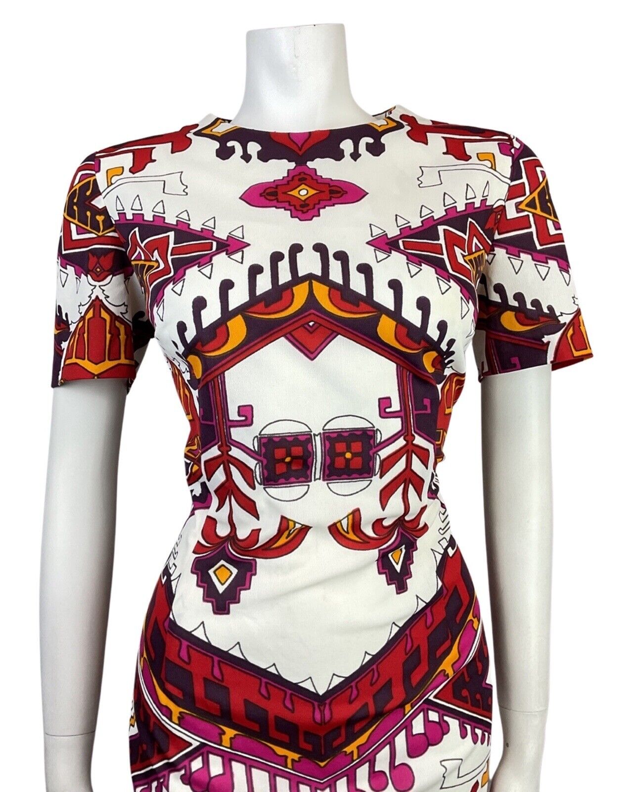 VINTAGE 60s 70s WHITE PURPLE PINK YELLOW AZTEC GEOMETRIC MOD DRESS 14 16
