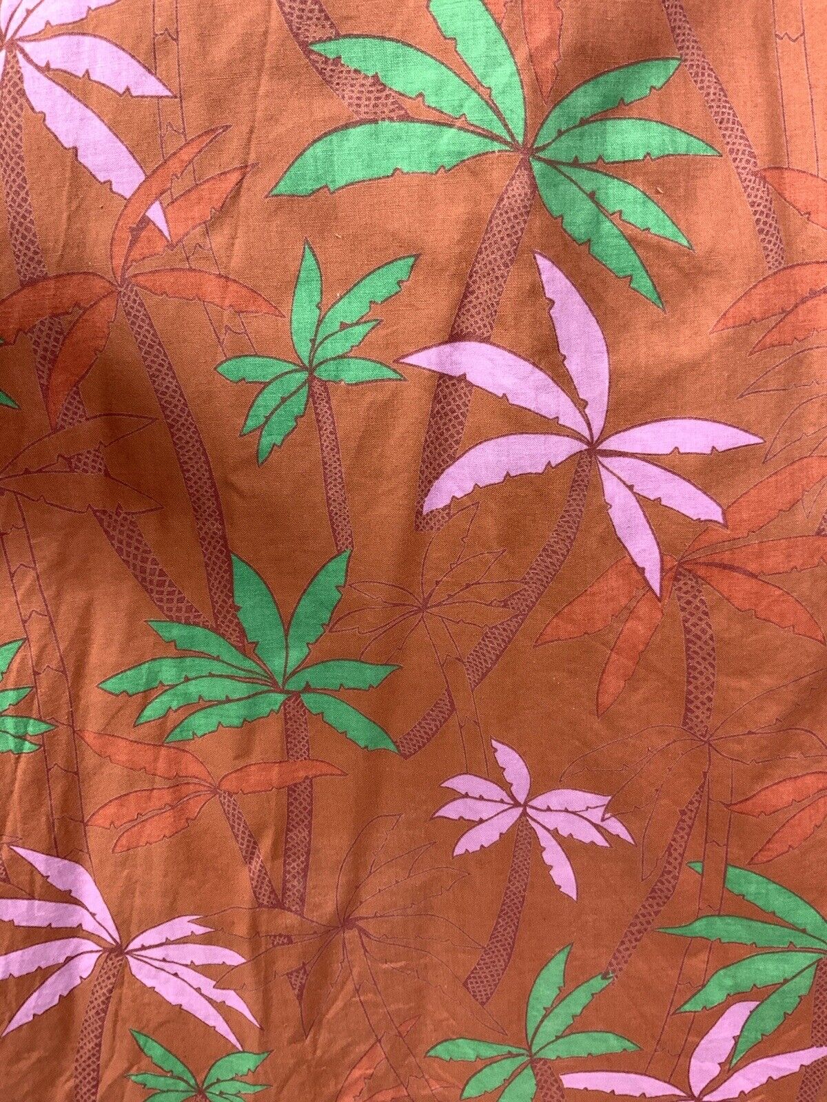 VINTAGE 70s 80s BROWN GREEN PINK PALM TREE LEAFY SLEEVELESS TENT DRESS 8