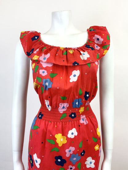 VTG 60s 70s RED BLUE GREEN WHITE FLORAL DAISY MOD SLEEVELESS SUMMER DRESS 12 14
