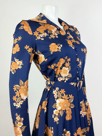 VTG 60s 70s BLUE ORANGE BROWN WHITE FLORAL PLEATED WING COLLAR SHIRT DRESS 12