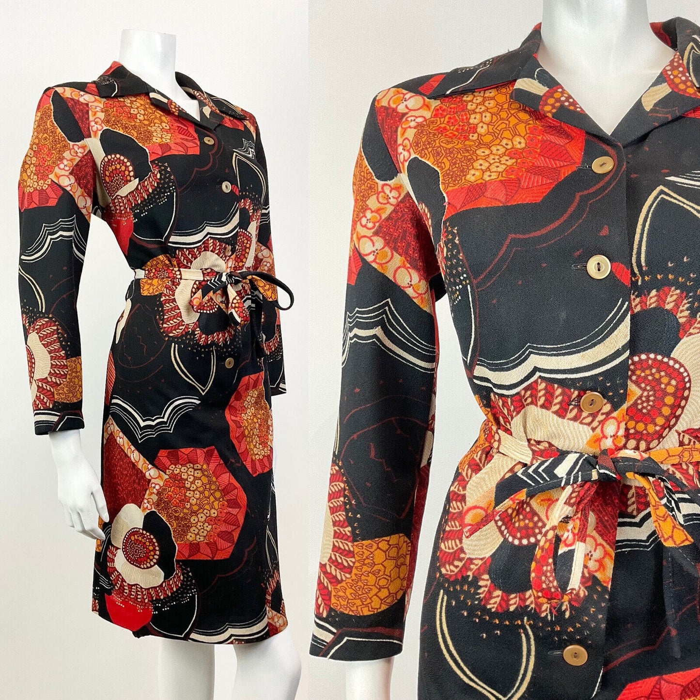 VINTAGE 60s 70s BLACK RED ORANGE FOLK FLORAL LEAFY DAGGER MOD SHIRT DRESS 16