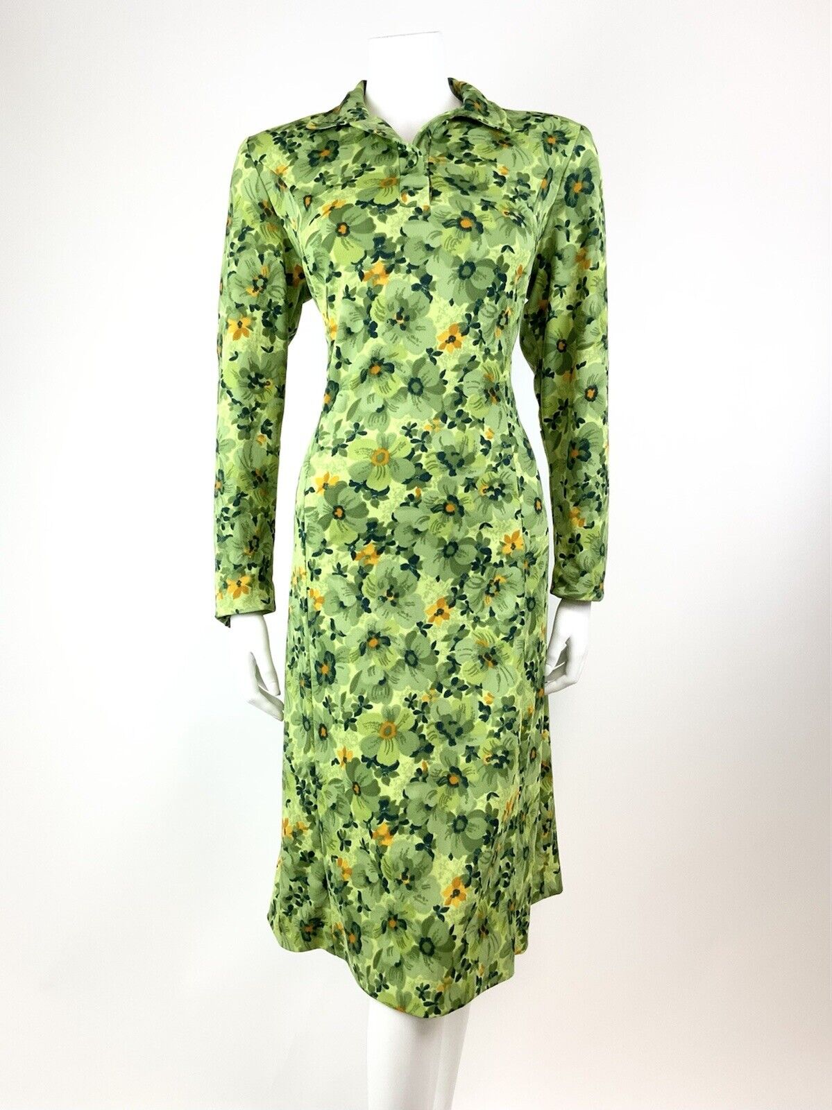 VINTAGE 60s 70s GREEN LIME ORANGE FLORAL PSYCHEDELIC MOD SHIRT DRESS 16