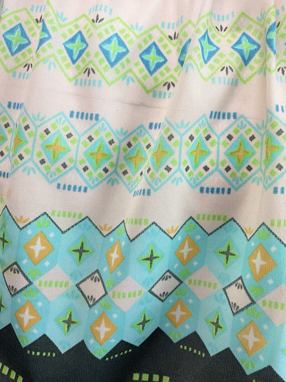VINTAGE 60s 70s WHITE BLUE GREEN GEOMETRIC BOHO FOLK BLOUSON DRESS 12 14