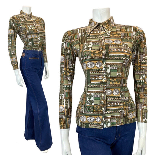 VINTAGE 60s 90s GREEN BEIGE BROWN GEOMETRIC PSYCHEDELIC DAGGER COLLAR SHIRT 8 10