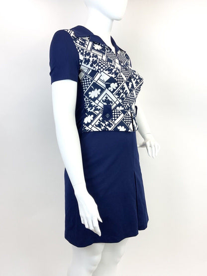 VINTAGE 60s 70s BLUE WHITE GEOMETRIC CHECKERBOARD MOD DAGGER SHIRT DRESS 14 16