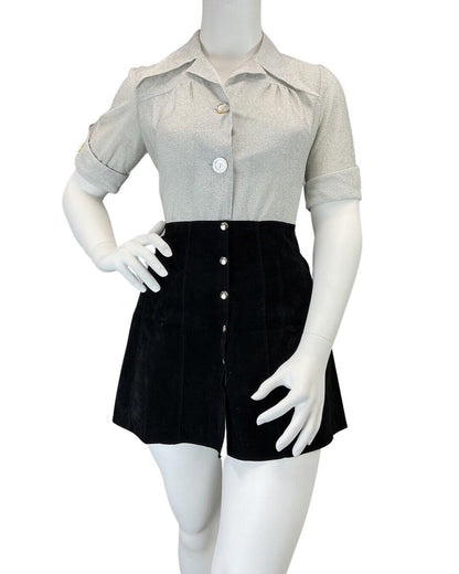 VINTAGE 60s 70s SILVER GLITTER MOD DISCO STUDIO 54 DAGGER COLLAR SHIRT 16 18