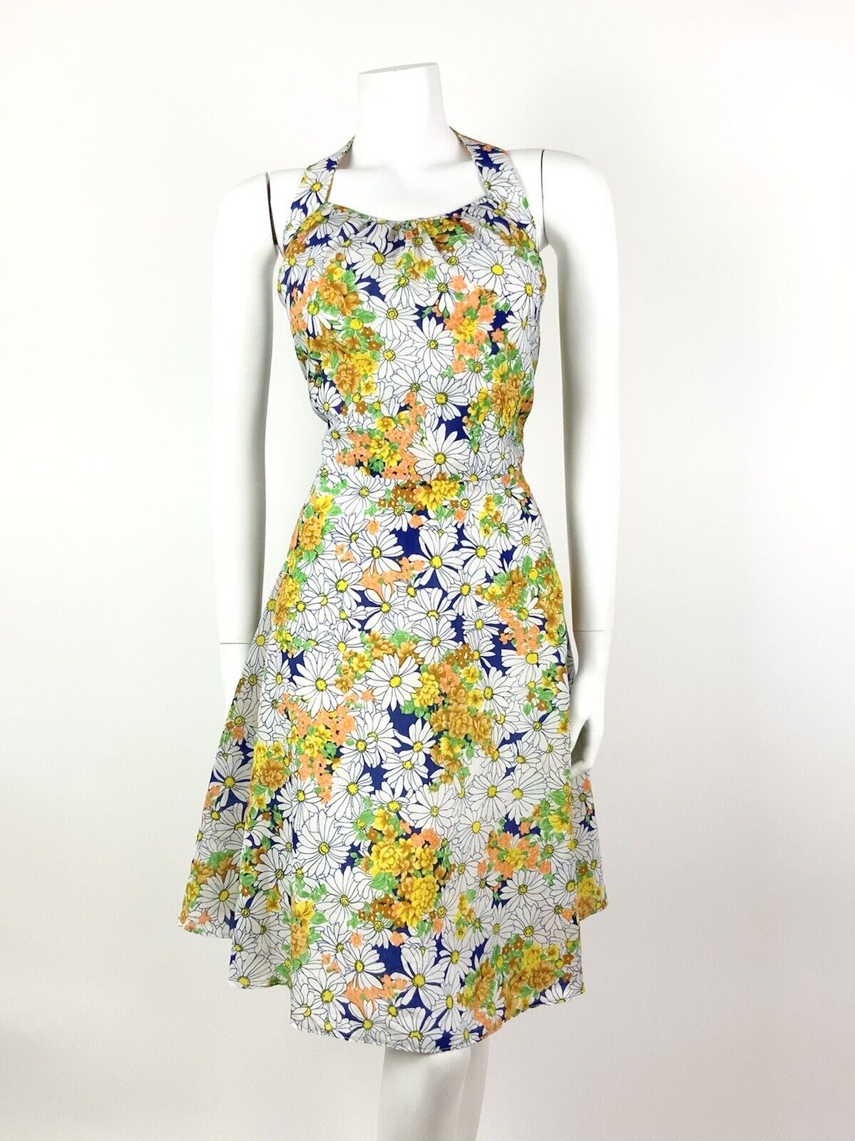 VINTAGE 60s 70s WHITE YELLOW ORANGE FLORAL DITSY DAISY HALTER SUMMER DRESS 10 12