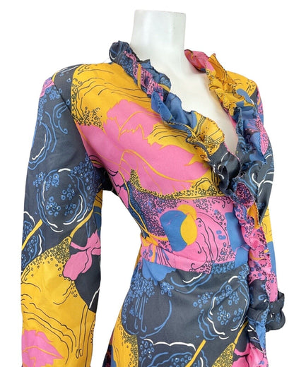 VTG 60s 70s BLUE PINK YELLOW PSYCHEDELIC ABSTRACT RUFFLED HOUSE COAT DRESS 14 16