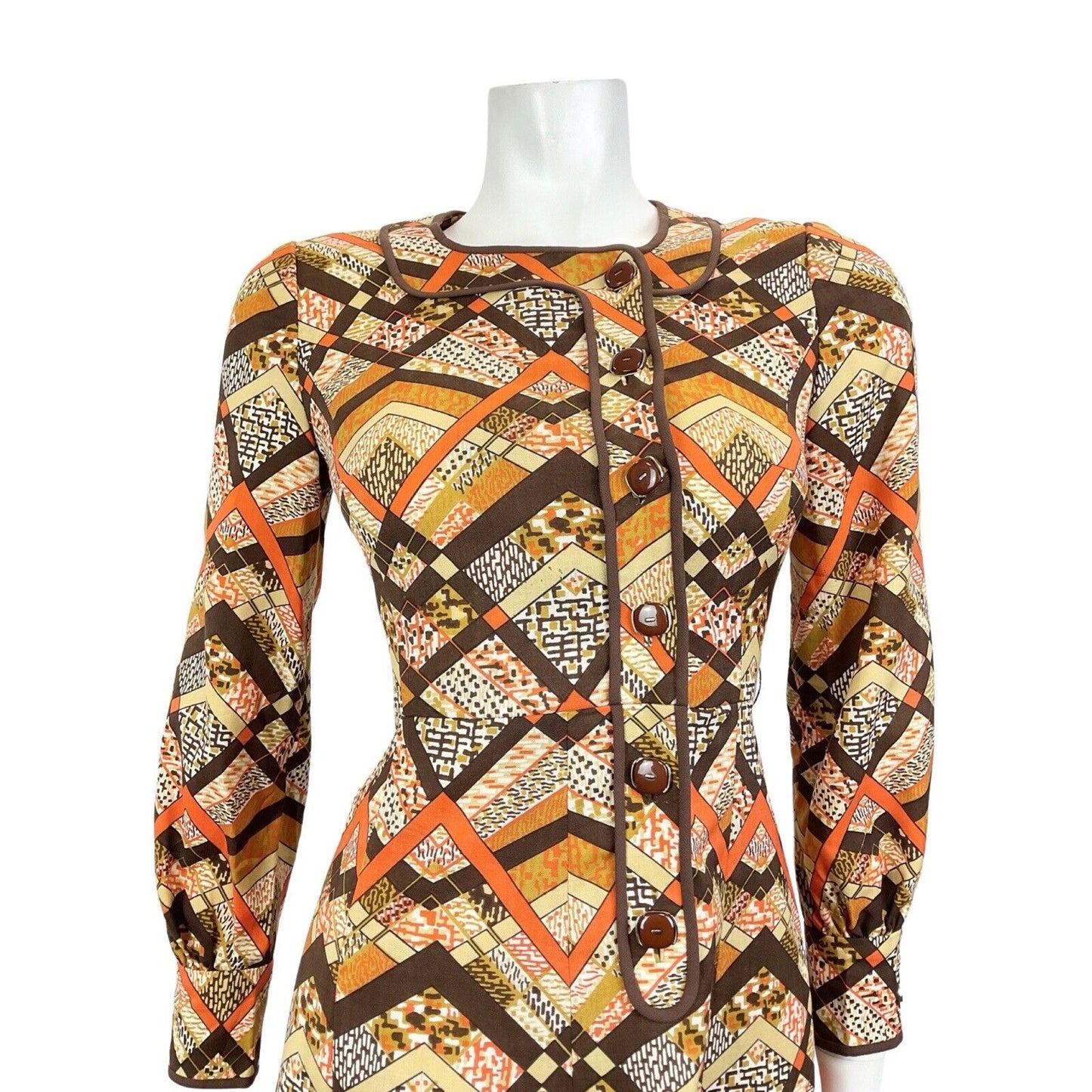 VINTAGE 60s 70s BROWN CREAM ORANGE GEOMETRIC PSYCHEDELIC MOD LONGSLEEVE DRESS 8