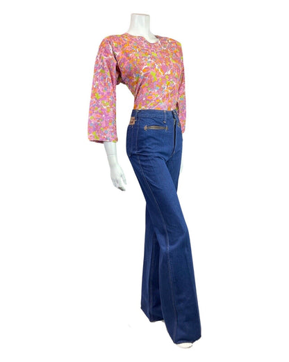VINTAGE 60s 70s PINK PURPLE GREEN DITSY FLOWER PSYCHEDELIC BLOUSE TOP 14