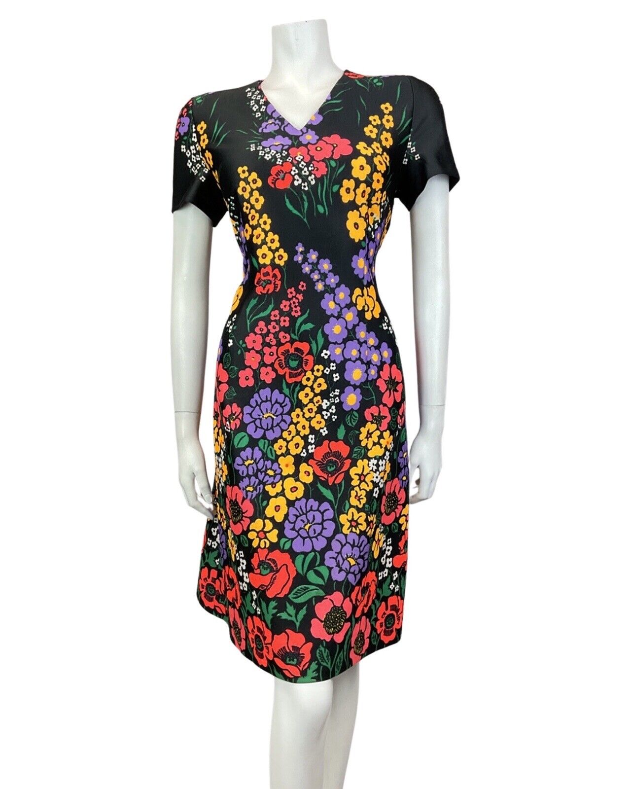 VINTAGE 60s 70s BLACK YELLOW LILAC FLORAL POPPY MOD SHORT SLEEVE DRESS 12 14