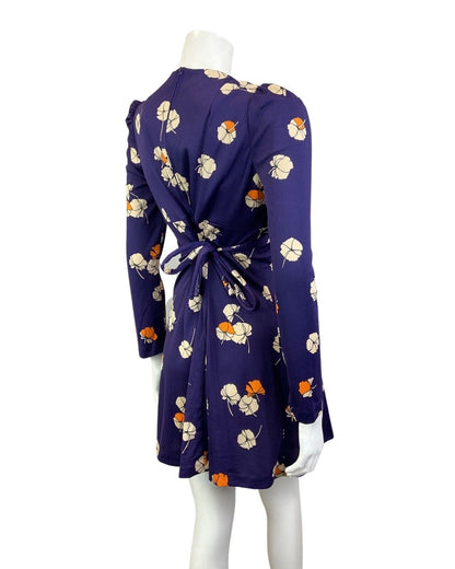 VINTAGE 60s 70s PURPLE BEIGE ORANGE FLORAL LONGSLEEVE MOD SUMMER SWING DRESS 12