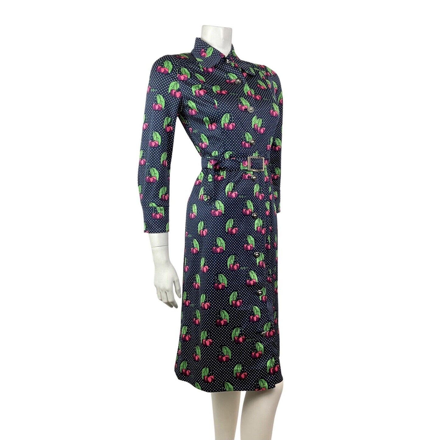 VINTAGE 70s STYLE 90s BLUE WHITE PINK POLKA-DOT CHERRY DAGGER SHIRT DRESS 8 10