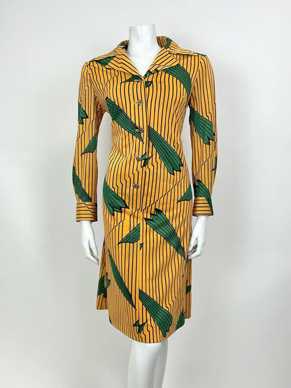 VINTAGE 60s 70s YELLOW BLACK GREEN STRIPED LEAFY MOD DAGGER SHIRT DRESS 10 12