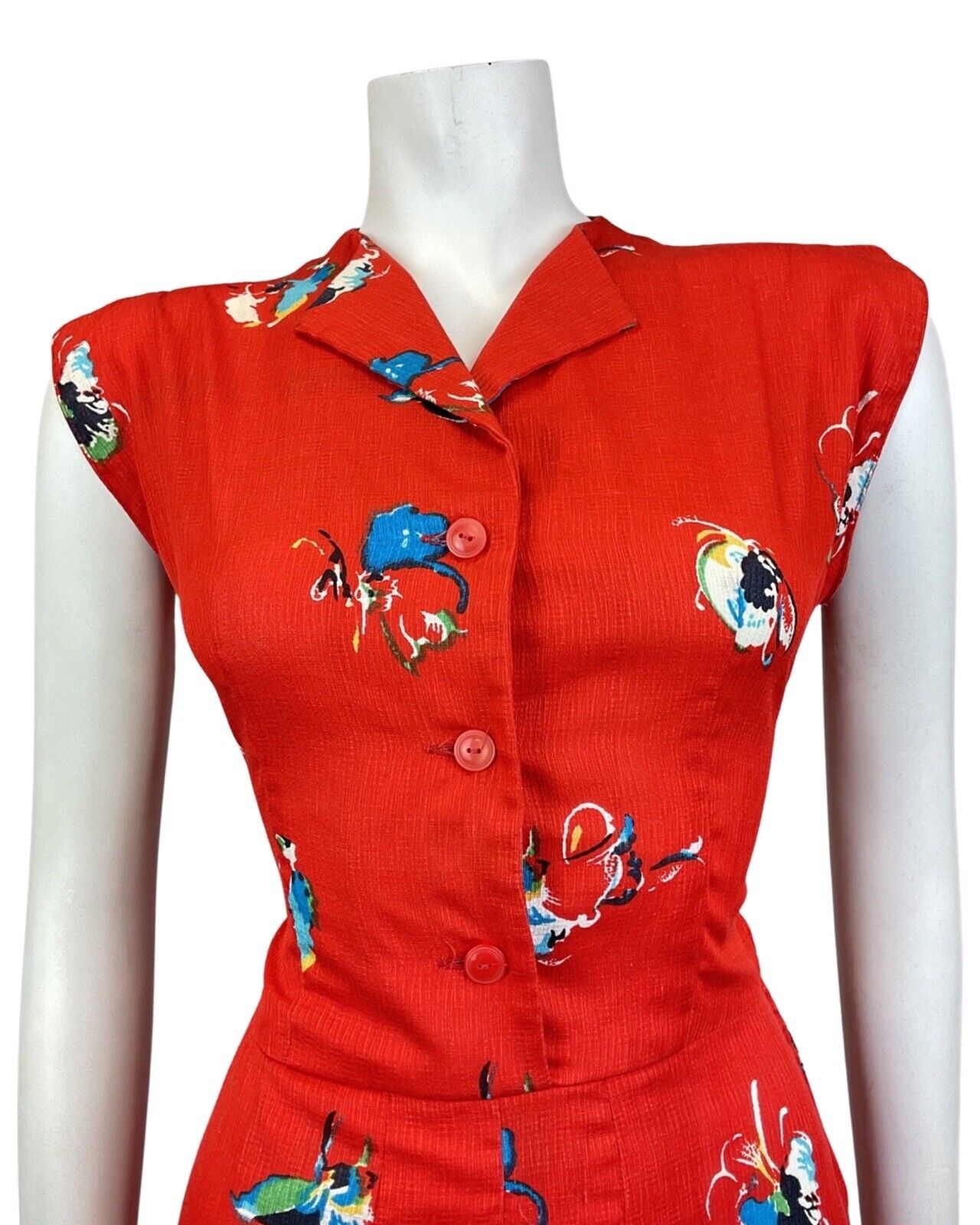 VINTAGE 60s 70s PILLARBOX RED BLUE FLORAL ABSTRACT SLEEVELESS SHIRT DRESS 12 14