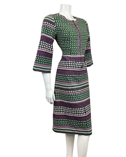 VINTAGE 60s 70s BLACK GREEN PURPLE DAISY FLORAL BELL SLEEVE MOD DRESS 10