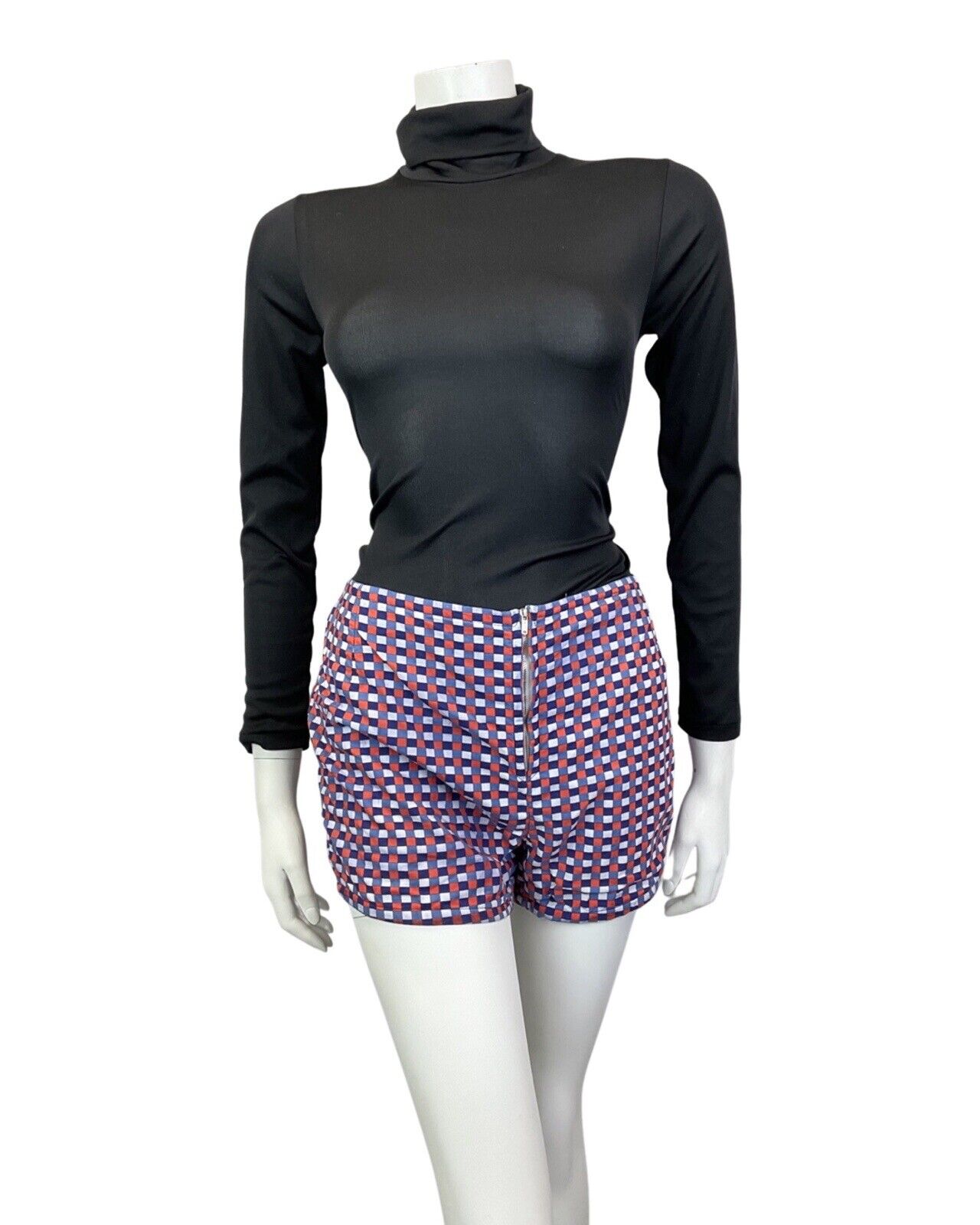 VINTAGE 60s 70s BLUE WHITE RED CHECKED ZIP-UP HIGHWAISTED MOD GOGO SHORTS 10