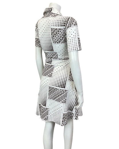 VINTAGE 60s 70s WHITE BROWN DOTTY CIRCLE GEOMETRIC MOD DAGGER SHIRT DRESS 10 12