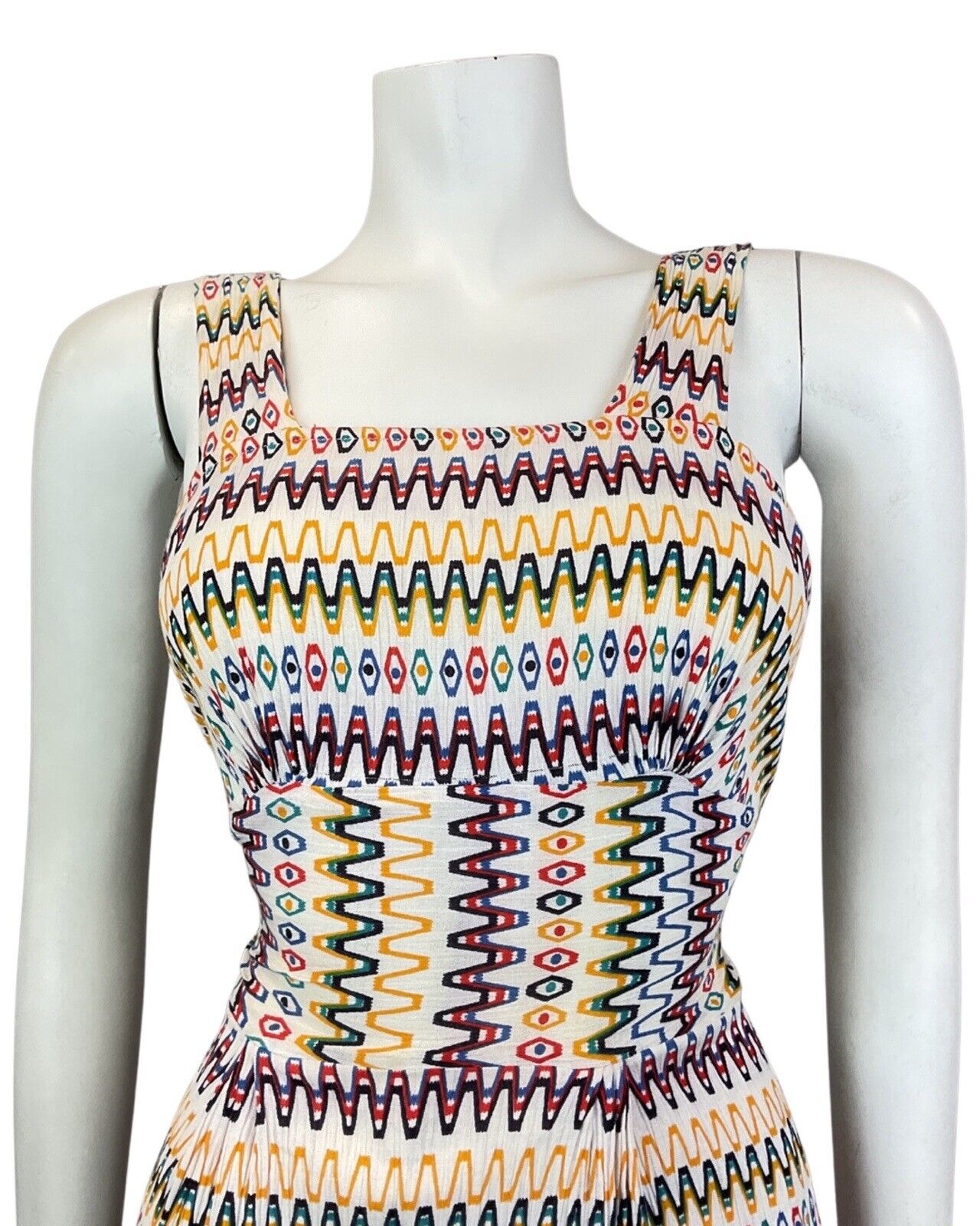 VINTAGE 60s 70s WHITE RED BLUE GREEN ZIG-ZAG GEOMETRIC SUMMER APRON DRESS 8