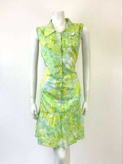 VTG 60s 70s GREEN BLUE YELLOW PSYCHEDELIC FLORAL SPOON COLLAR MOD DRESS 14 16