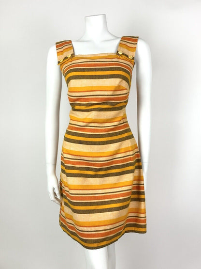 VINTAGE 60s 70s YELLOW ORANGE RED BLACK STRIPED MOD STRAPPY PINNY DRESS 10