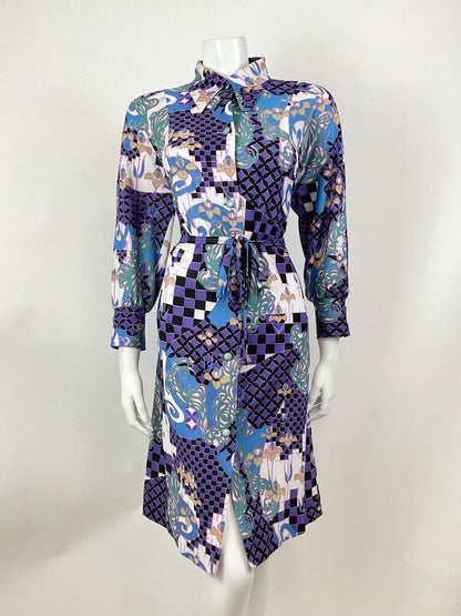 VTG 60s 70s PURPLE GREEN BLACK PSYCHEDELIC CHECKERBOARD DAGGER SHIRT DRESS 12 14